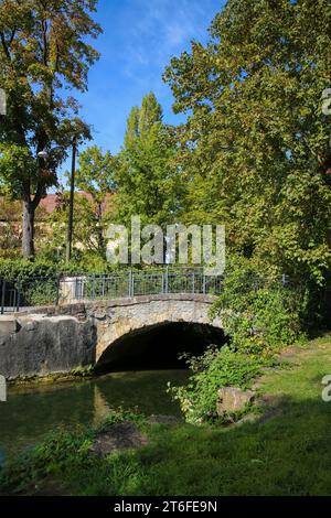 Ponte del castello, Echaz, fiume, acqua fluente, rive dell'Echaz, alberi, piante, dietro il castello di Pfullingen, ex castello fossato, scuola di musica Foto Stock