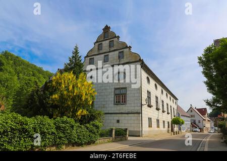 Castello di Helfenstein, castello di Wiesensteig, castello residenziale degli Helfenstein, edificio storico, stile rinascimentale, architettura, ex residenza Foto Stock