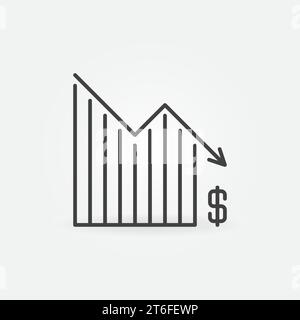 Icona o simbolo di svalutazione vettoriale del grafico del dollaro in caduta e concetto di crisi finanziaria in stile contorno Illustrazione Vettoriale