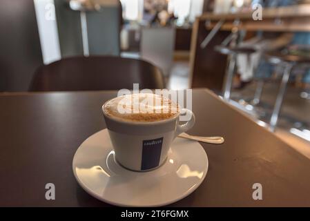 Tazza di cappuccino su un tavolo in un caffè, Baviera, Germania Foto Stock