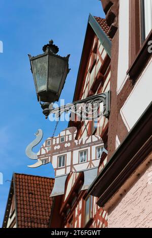 Lampada, vecchia lampada, elefante in stagno verniciato, cartello, parte stampigliata, insegna negozio, insegna locanda, case in legno, Wiesensteig, Filstal, Baden-Wuerttemberg, Germania Foto Stock