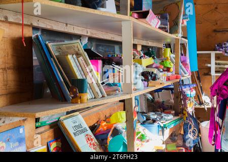 Libri e giocattoli assortiti per bambini in vendita all'interno del negozio di articoli di seconda mano e chattels, Quebec, Canada Foto Stock