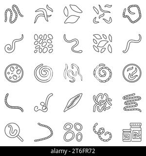 Set di icone di contorno elminth - segni di concetto vettoriale vermi parassiti. Fluke, tenia, simboli di linea nematodici Illustrazione Vettoriale