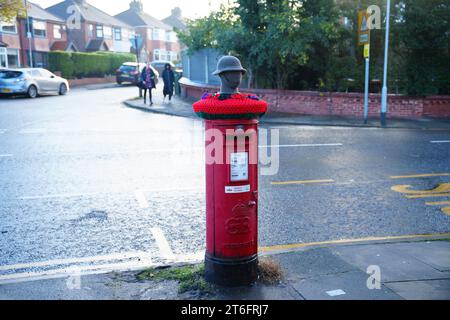 Uno strato superiore in maglia per commemorare l'armistizio Dayis visto a Manchester, Regno Unito. Crediti: Jon Super/Alamy Live News. Foto Stock