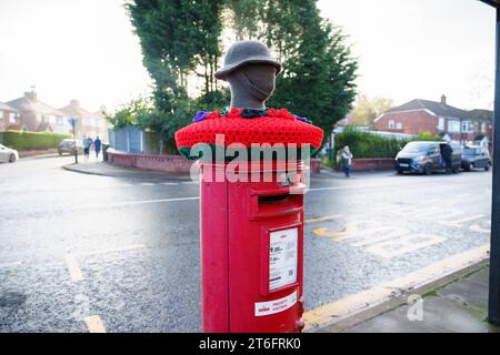 Uno strato superiore in maglia per commemorare l'armistizio Dayis visto a Manchester, Regno Unito. Crediti: Jon Super/Alamy Live News. Foto Stock