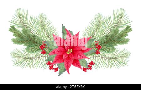 Bouquet natalizio con bacche di holly, poinsettia, foglie, pino, abete rosso. Composizione festiva per Capodanno, Natale. Illustrazione con marker e. Foto Stock