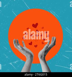 Un collage artistico contemporaneo con mani e cuori volanti all'interno di un cerchio arancione. Il concetto ruota intorno all'amore e al romanticismo. Foto Stock