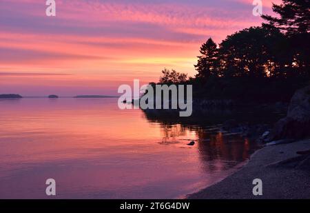Cielo colorato brillante e acque oceaniche all'alba con alberi sagomati. Foto Stock