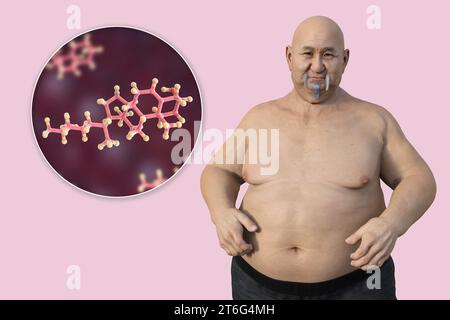 Un'illustrazione medica 3D con un uomo in sovrappeso con una vista ravvicinata di una molecola di colesterolo, evidenziando la connessione tra obesità e Foto Stock