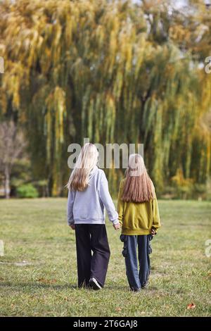 vista posteriore di due ragazze adolescenti che camminano attraverso il prato nel parco Foto Stock