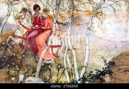 "Il cavaliere ha la giovane Signora", c1900-1950. Al Salon des Artistes Fran&#xe7;ais di Parigi dal 1893 al 1941, Sonrel espose acquerelli particolarmente grandi di donne idealizzate che hanno sia una certa intensità pre-Raphaelite che un'affinità con la pittura simbolista francese. Fu ispirata dal romanticismo arturiano, da soggetti biblici, da leggende arcaiche e dall'amore medievale. Foto Stock