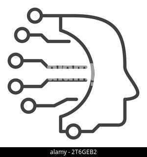 Testa AI con simbolo o icona a linea sottile del concetto vettoriale della scheda circuiti Illustrazione Vettoriale
