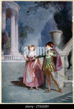 Scena dall'opera di Mozart Don Giovanni 1787 (c1914). Opera di Wolfgang Amadeus Mozart (1756-1791), compositore austriaco, eseguita per la prima volta a Praga nel 1787. Il libretto di Lorenzo da Ponte (1749-1838) era basato sull'opera teatrale di Moliere del 1665 Don Juan, ou le festin de Pierre (Don Juan, o il banchetto di pietra). Qui Don Giovanni sta cercando di sedurre Zerlina, una ragazza di campagna alla quale canta Dammi la mano, oh più bella (la ci darem la mano). Da Un giorno con Wolfgang Amadeus Mozart di May Byron. (Londra, c1914). Foto Stock