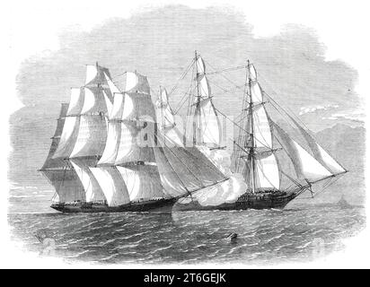 H.M.S. "brisk", recante la bandiera del contrammiraglio Sir Henry Keppel, che chiude con lo schiavista "The Sunny South", 1860. "La nave di sua Maestà, capitano De Horsey... stava correndo verso nord nel Canale del Mozambico, una vela è stata segnalata come vista dalla testa d'albero. Steam si alzò senza indugio... il capitano... aveva osservato qualcosa suspicious...in l'improvvisa alterazione del suo corso... l'abbiamo chiusa rapidamente... un pacchetto bianco è stato gettato da lei in mare; e l'esperta poi esclamò: "Una schiava, e lì vanno i suoi documenti!"... e poi una voce ci salutò &quot Foto Stock