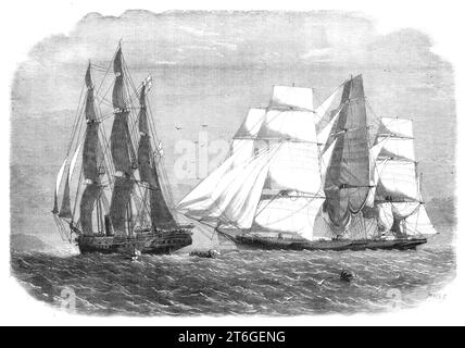 Lo schiavista "Sunny South", alias "Emanuela" che si arrende a H.M.S. "brisk", recante la bandiera del contrammiraglio Sir H. Keppel, 1860. "La nave di sua Maestà, capitano De Horsey... stava correndo verso nord nel Canale del Mozambico, una vela è stata segnalata come vista dalla testa d'albero. Steam si alzò senza indugio... il capitano... aveva osservato qualcosa suspicious...in l'improvvisa alterazione del suo corso... l'abbiamo chiusa rapidamente... un pacco bianco è stato gettato da lei in mare; e l'esperta poi esclamò: "Uno schiavo, ed ecco i suoi documenti!"...e t Foto Stock