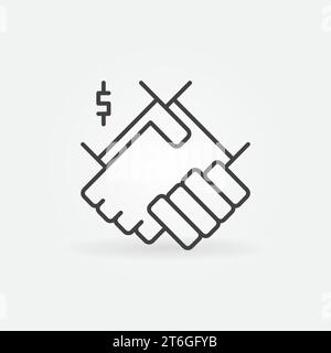 Stretta di mano con simbolo o icona a linea sottile del concetto di corruzione vettoriale del simbolo Dollar Illustrazione Vettoriale