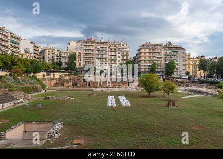 Rovine dell'antico foro di epoca romana nella città di Salonicco, Grecia Foto Stock