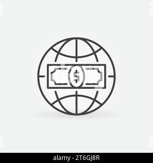 Globo terrestre con denaro con simbolo o icona a linea sottile Vector World Corruption Concept Illustrazione Vettoriale
