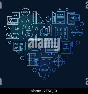 I Love Mathematics, banner blu a forma di cuore con linee sottili. Illustrazione lineare del concetto matematico con sfondo scuro Illustrazione Vettoriale