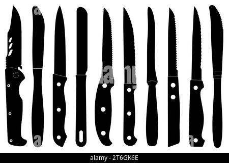 Collezione di diverse illustrazioni di coltelli da cucina isolati su bianco Foto Stock