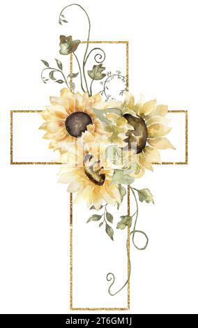 Clipart della Croce di Pasqua grafica, composizioni floreali, battesimo incrocia invito fai da te, Clipart nuziale girasoli e vegetazione, cornice dorata, flowe giallo Foto Stock