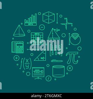 Banner verde rotondo a linee sottili vettoriali i Love Mathematics. Illustrazione circolare del concetto matematico Illustrazione Vettoriale