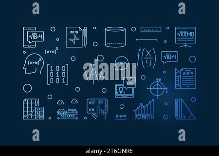 Banner blu orizzontale a linee sottili vettoriali i Love Mathematics. Illustrazione lineare del concetto matematico con sfondo scuro Illustrazione Vettoriale