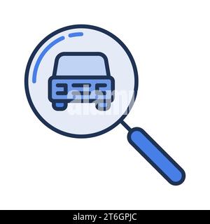 Lente d'ingrandimento con icona blu o logo del concetto di ricerca del noleggio auto Vector Car Rental Search Illustrazione Vettoriale