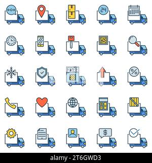 Set di icone colorate del carrello per la consegna. Collezione di insegne creative Vector Trucks and Freight Concept Illustrazione Vettoriale