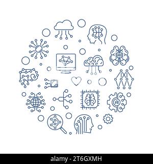 Intelligenza artificiale Digital Brain Technology Concept sottile linea vettoriale rotondo semplice banner o illustrazione Illustrazione Vettoriale