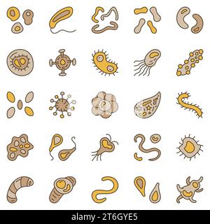 Set di icone colorate per batteri e microbi. Virus o microrganismi concetto di genetica vettore moderno segni raccolta Illustrazione Vettoriale