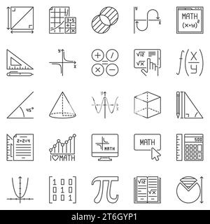 Set di icone di contorno matematico - simboli vettoriali del concetto matematico e Algebra Education in stile linea sottile Illustrazione Vettoriale