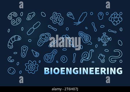 Banner orizzontale blu con linea sottile Biotech Vector Science Concept - illustrazione Bioingegneria con sfondo scuro Illustrazione Vettoriale