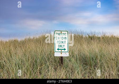 c'è un piccolo cartello rettangolare sull'erba della spiaggia che indica solo il parcheggio consentito Foto Stock