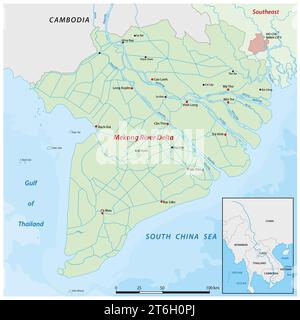 Mappa vettoriale dettagliata del delta del Mekong in Vietnam Foto Stock