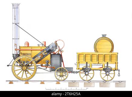 Stephenson's Rocket -- disegno a colori con elevazione laterale è stato progettato e costruito da Robert Stephenson nel 1829, Foto Stock