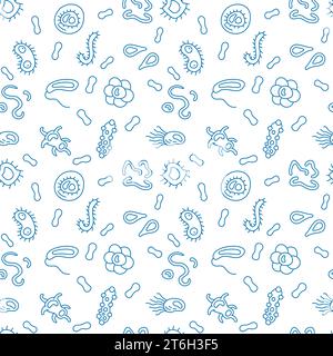 Virus e microbi Vector Bioengineering Concept Blue pattern senza cuciture in linea sottile Illustrazione Vettoriale