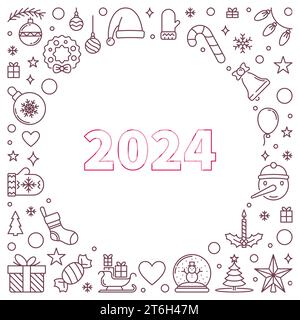 Buon Natale e felice anno nuovo 2024 striscione quadrato o biglietto d'auguri a linea sottile Illustrazione Vettoriale
