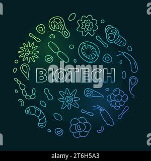Banner colorato rotondo vettoriale a linee sottili di Biotech Concept - Biotechnology Science delinea l'illustrazione con sfondo scuro Illustrazione Vettoriale