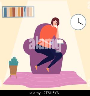 Una ragazza legge un libro su una poltrona nella sua stanza. Vettore piatto. Scuola a casa. Illustrazione vettoriale Illustrazione Vettoriale