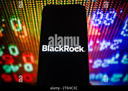 Polonia. 10 novembre 2023. In questa foto, sullo smartphone viene visualizzato un logo BlackRock con percentuali di borsa sullo sfondo. (Immagine di credito: © Omar Marques/SOPA Images via ZUMA Press Wire) SOLO USO EDITORIALE! Non per USO commerciale! Foto Stock