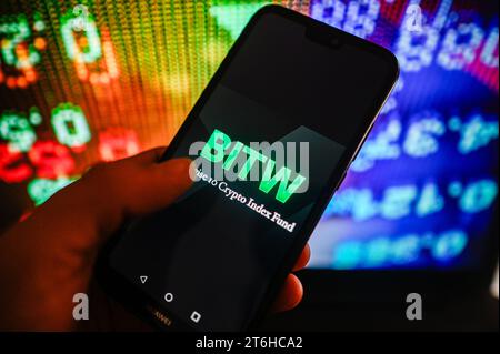 Polonia. 10 novembre 2023. In questa immagine viene visualizzato un logo BITW su uno smartphone con percentuali di borsa sullo sfondo. (Foto di Omar Marques/SOPA Images/Sipa USA) **** esclusivamente a scopo editoriale *** credito: SIPA USA/Alamy Live News Foto Stock