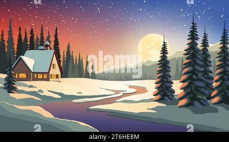 Fantastico paesaggio notturno invernale con casa in legno nella foresta innevata. Illustrazione Vettoriale