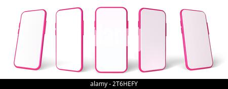 Mockup rosa per smartphone in stile 3D. Set di modelli vettoriali. Vista frontale del telefono cellulare su sfondo bianco. Illustrazione Vettoriale