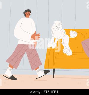 Illustrazione con l'uomo a casa con cane doodle bianco. Immagine di coppia intima. Cane seduto sul voucher. Uomo in pantofole. Scena del salotto di casa. Illustrazione vettoriale Illustrazione Vettoriale