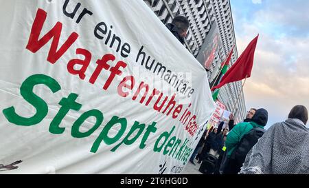 Magdeburg, Germania. 10 novembre 2023. I manifestanti pro-palestinesi marciano attraverso il centro di Magdeburgo con uno striscione contro la guerra a Gaza. Un tribunale aveva revocato il divieto di manifestazioni imposto dalla polizia. Credito: Simon Kremer/dpa/Alamy Live News Foto Stock