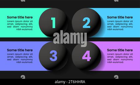 Modello infografico con 4 opzioni o passaggi. Palle nere. Può essere utilizzato per layout del flusso di lavoro, diagrammi, banner, webdesign. Illustrazione vettoriale Illustrazione Vettoriale