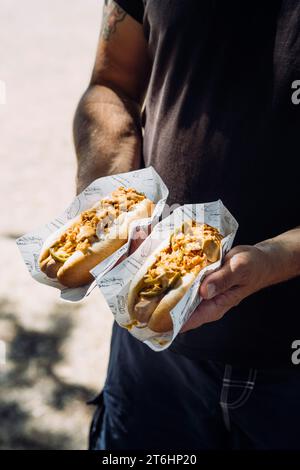 Hot Dog piccante con salsiccia vegan, cetriolo, senape, salsa, jalapenos sottaceto e cipolle arrostite Foto Stock