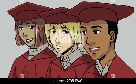 Illustrazione a colori che mostra due maschi e una femmina che indossa un abito da graduazione e di diverse razze. Foto Stock