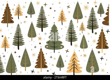 Sfondo di Capodanno con l'immagine di vari alberi di Natale, moderno design piatto. Illustrazione Vettoriale